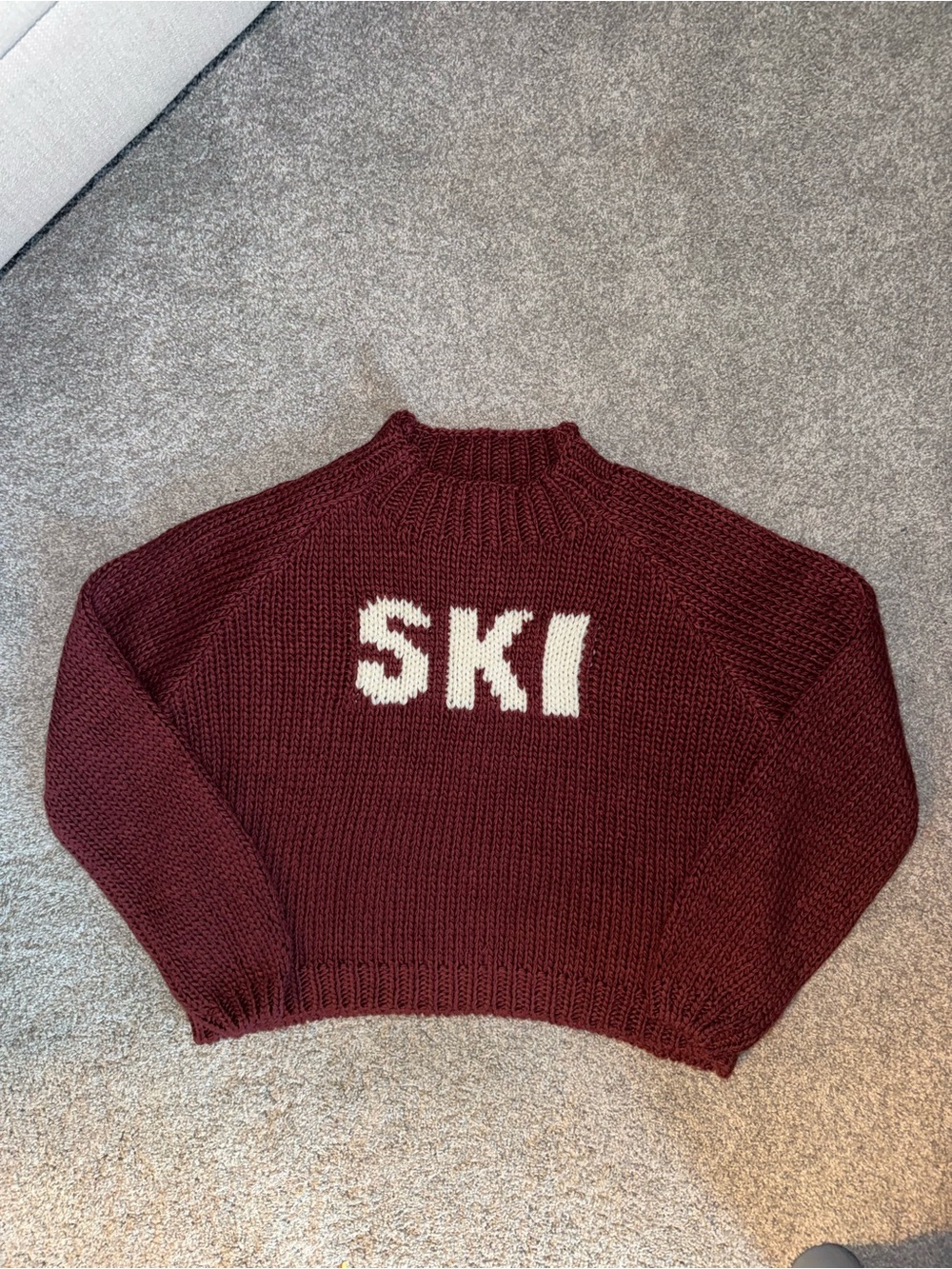 Elan Burgundy Chunky Knit Turtleneck Sweater with White 'SKI' Lettering